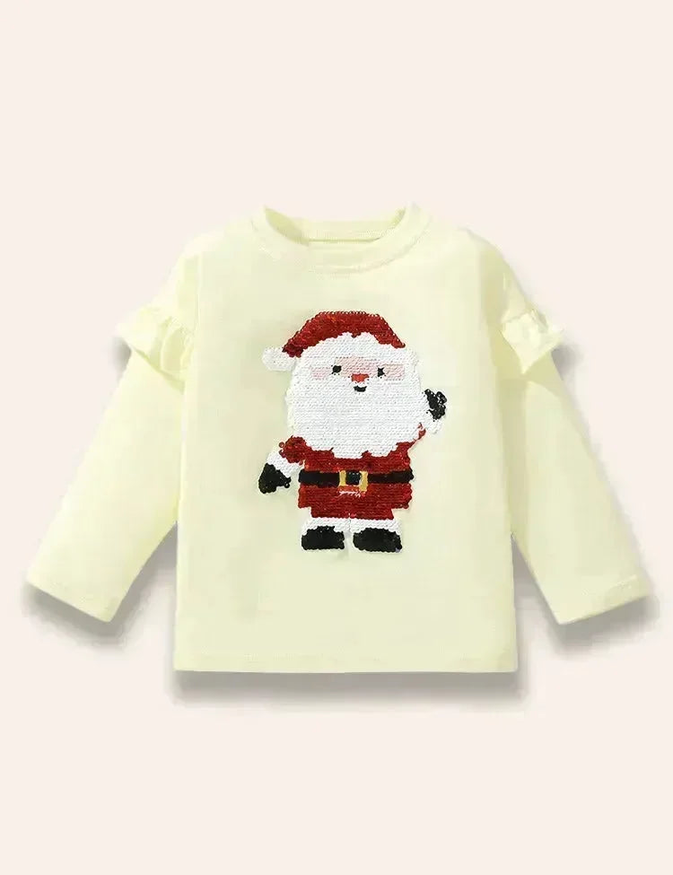 Christmas Sequined Santa Claus Long Sleeve Ruffled T-Shirt