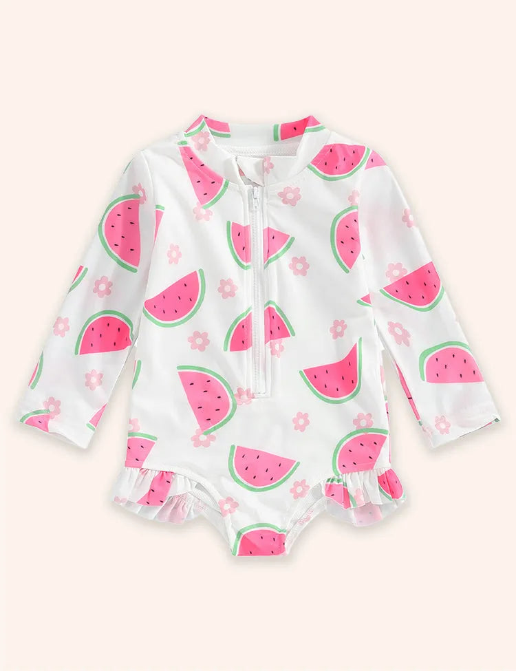 Fruit Print Long Sleeve Zip-up Swimsuit