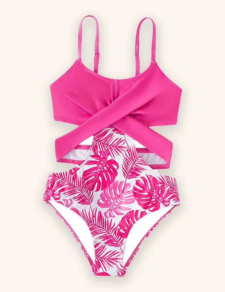 Simple Leaf Print Suspender Swimsuit