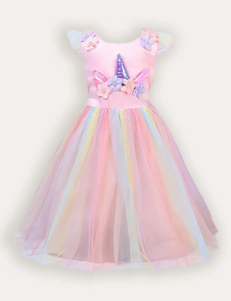 Unicorn Flower Applique Tulle Party Dress
