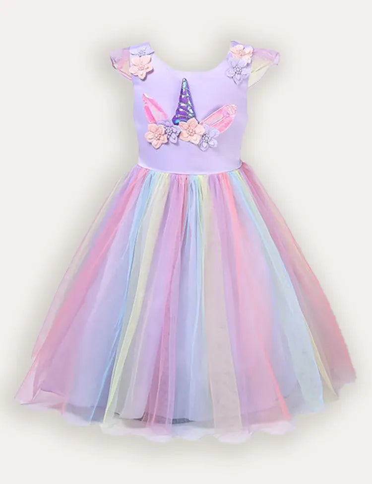 Unicorn Flower Applique Tulle Party Dress