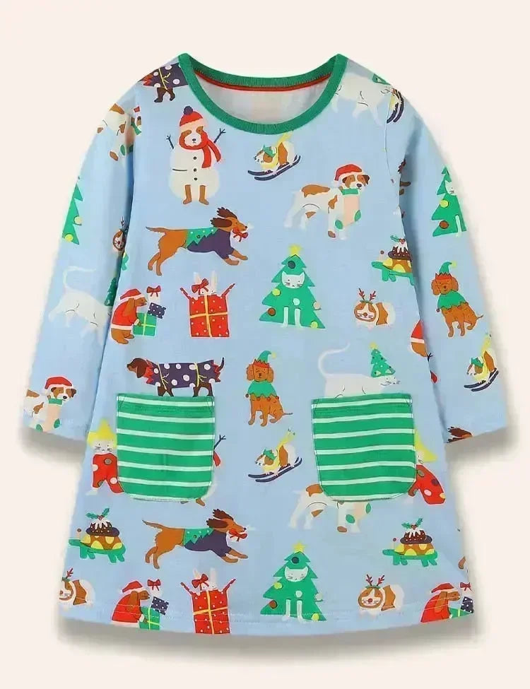 Christmas Animal Friend Printed Dress