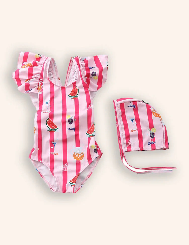 Striped One-piece Swimsuit Set