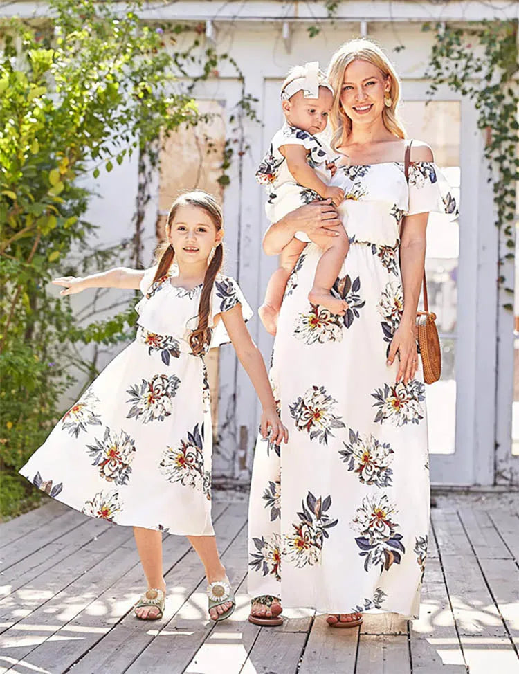 Mom & Me Off-Shoulder Flower Chiffon-jurk