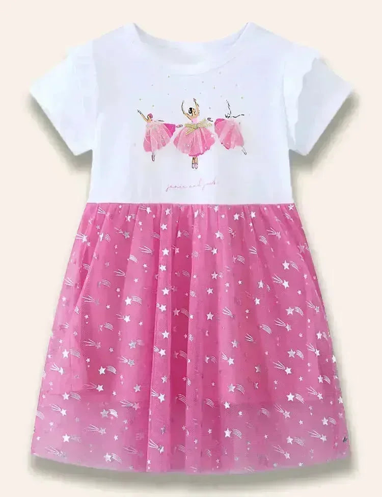 فستان فتاة الباليه مكشكش من التول المرصع بالنجوم