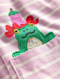 Cartoon Frog Appliqué Striped Dress