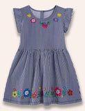 Multi blomst broderet stribet kjole