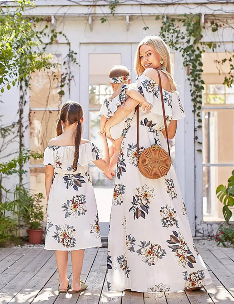 Mom & Me Off-Shoulder Flower Chiffon-jurk