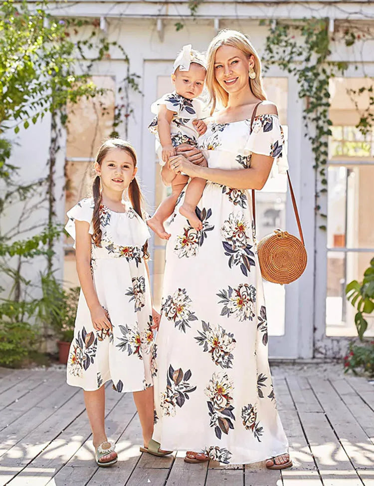Mom & Me Off-Shoulder Flower Chiffon-jurk