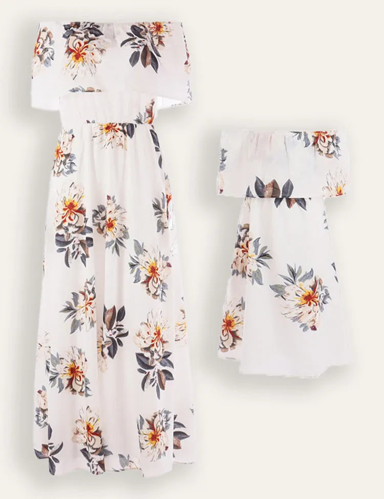 Mom & Me Off-Shoulder Flower Chiffon-jurk