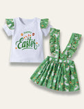Easter Cartoon Bunny Tulle T-Shirt+Bunny Printed Strap Dress