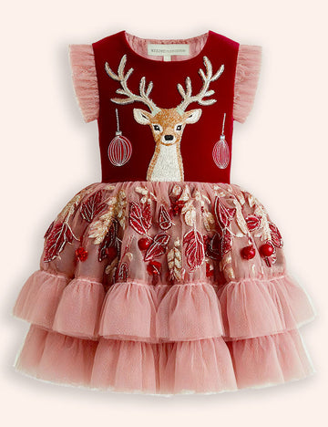Festival Floral Reindeer Embroidered Tulle Dress