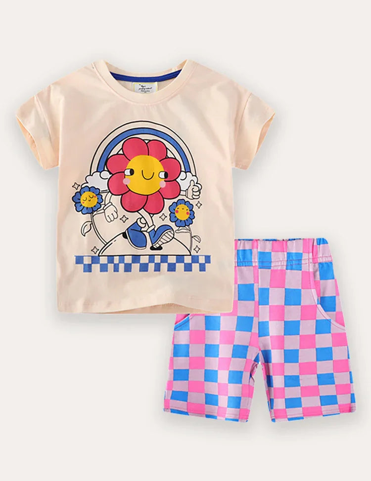 Cartoon Flower Print Short Sleeve T-Shirt and Shorts Set