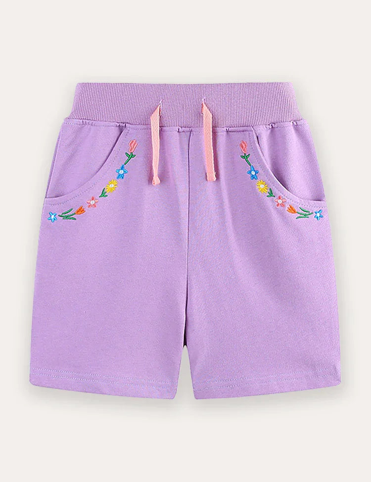 Flower Embroidered Cotton Shorts