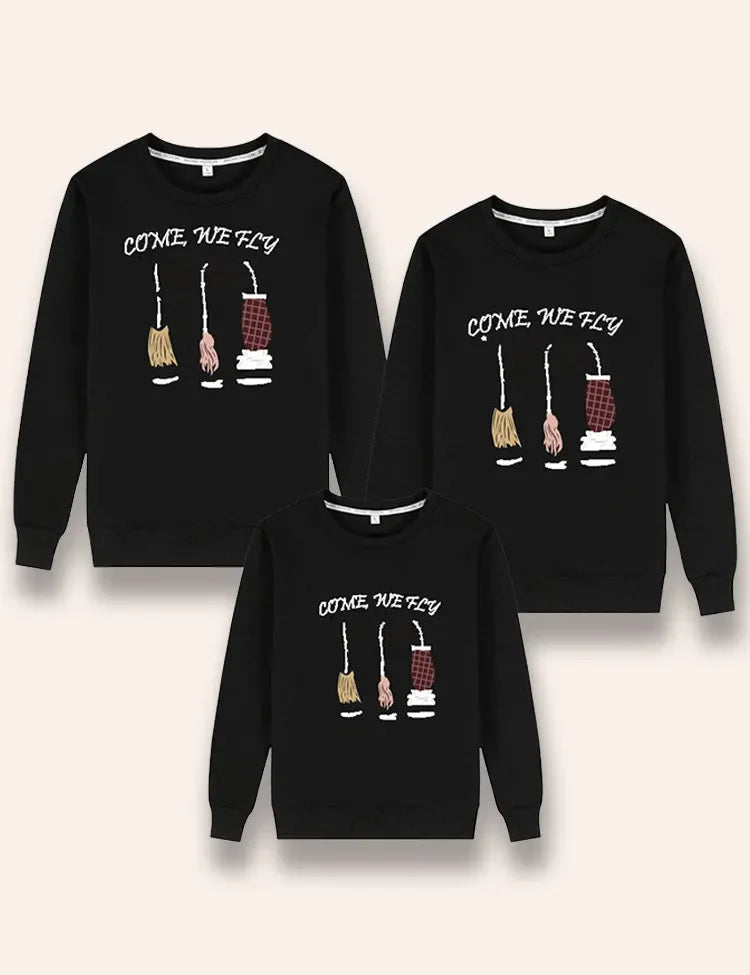 ハロウィン魔法のほうきプリント家族マッチングスウェットシャツ