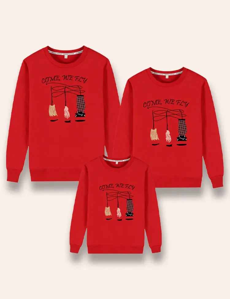 ハロウィン魔法のほうきプリント家族マッチングスウェットシャツ