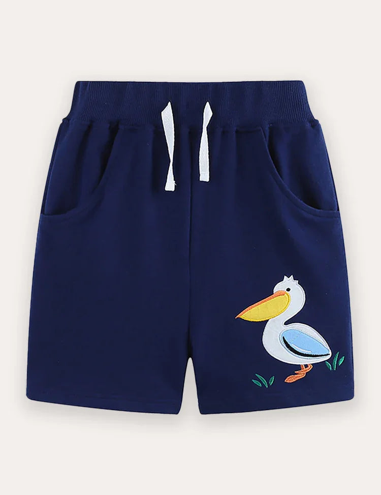 Cartoon Pelican Embroidered Cotton Shorts