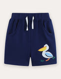 Cartoon Pelican Embroidered Cotton Shorts
