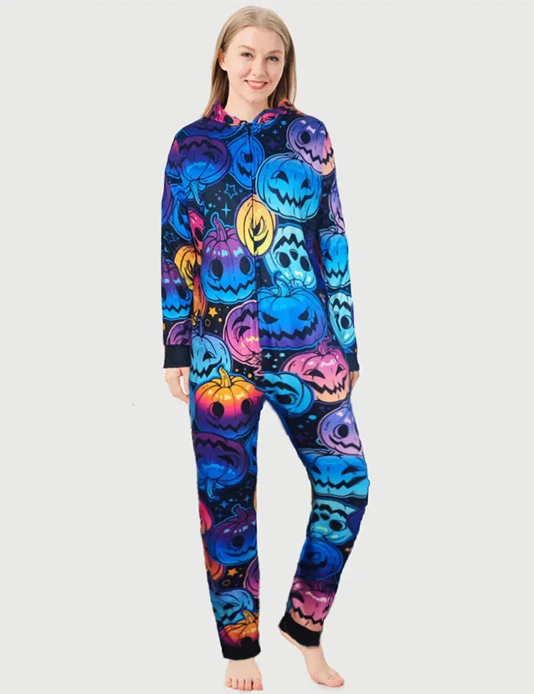 بيجامة عائلية بطبعات قرع متعددة للهالوين