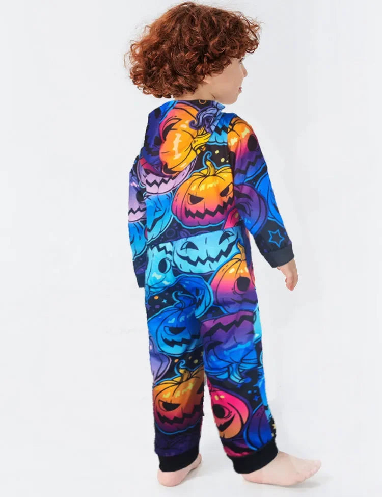 بيجامة عائلية بطبعات قرع متعددة للهالوين