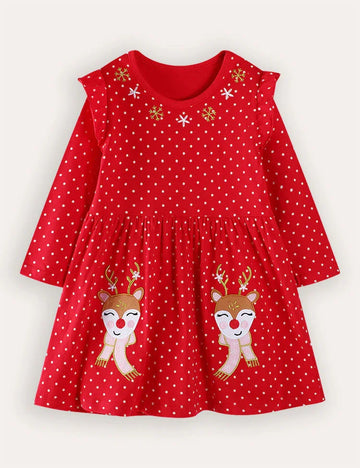 Christmas Elk Applique Long Sleeve Dress
