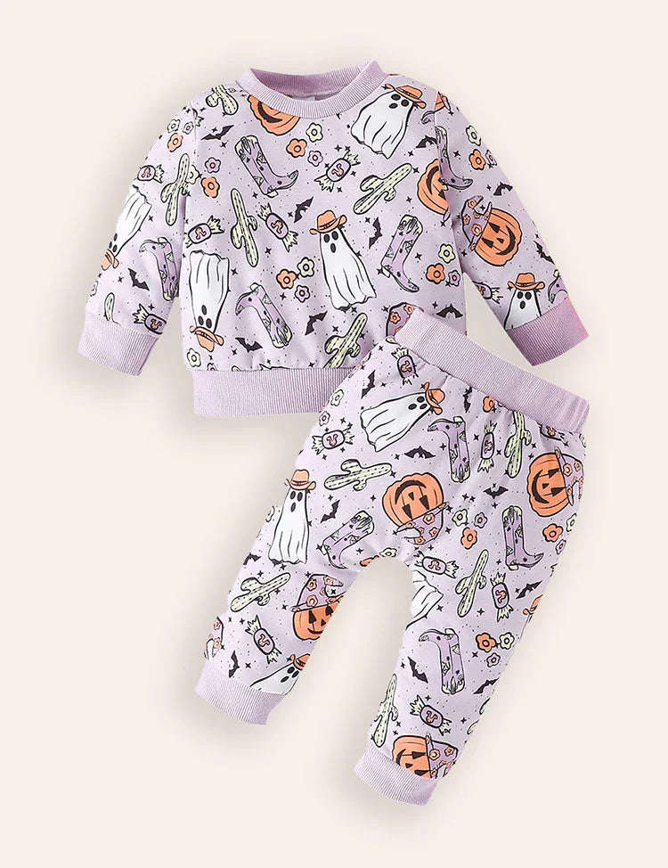 Halloween Pumpkin Print Long-sleeved Sweatshirt + Pants Set