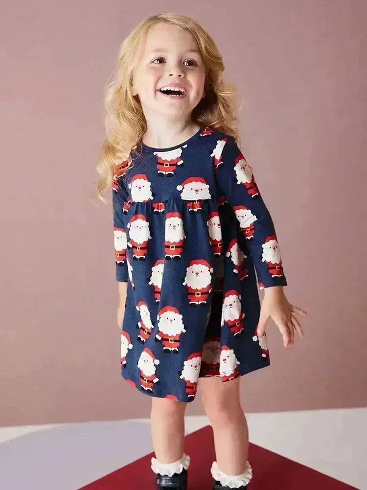 Santa Print Cotton Long-sleeved Dress