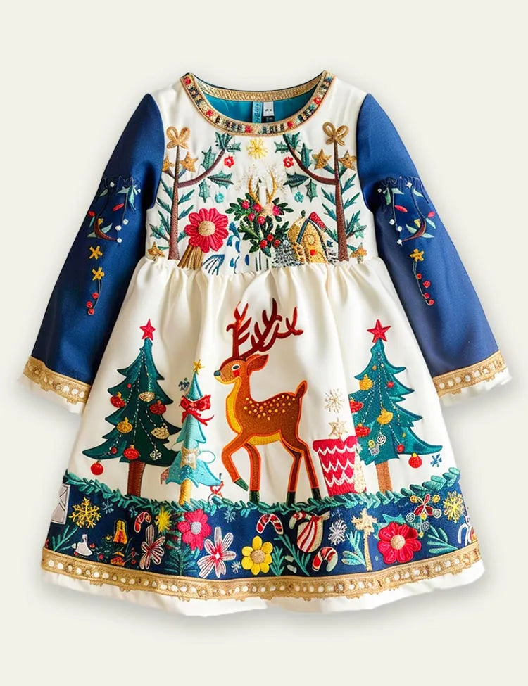 Christmas Reindeer Applique Long Sleeved Dress