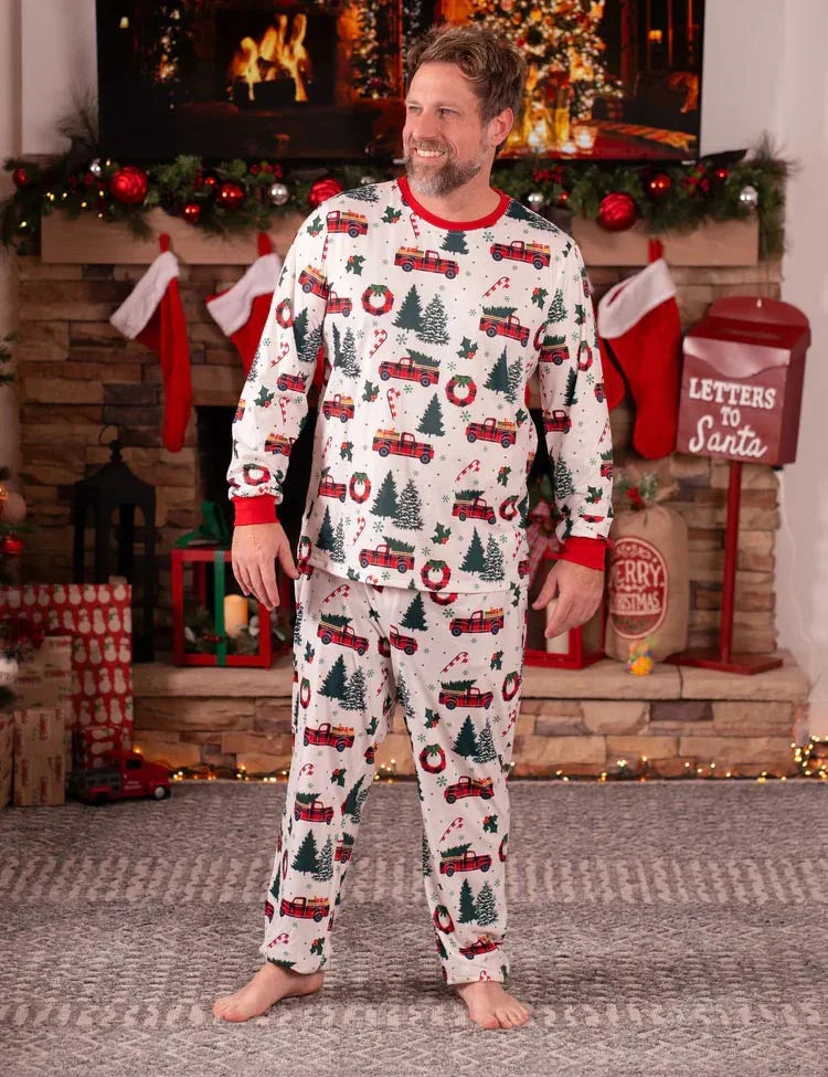 Christmas Family Matching Allover Xmas Tree & Car Print Long-sleeve Pajamas Sets