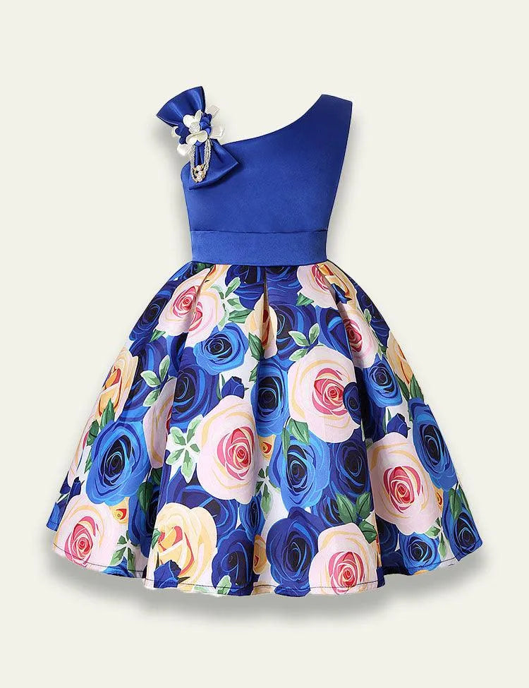 Diagonal Shoulder Rose Printed Party Dress - Mini Taylor