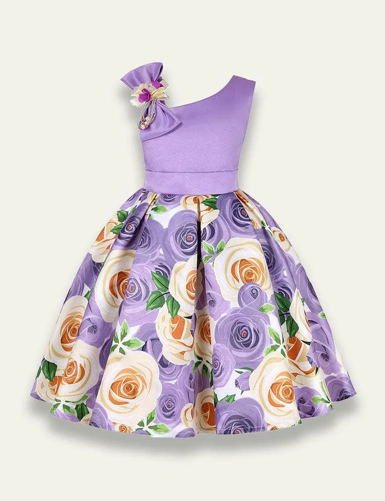 Diagonal Shoulder Rose Printed Party Dress - Mini Taylor