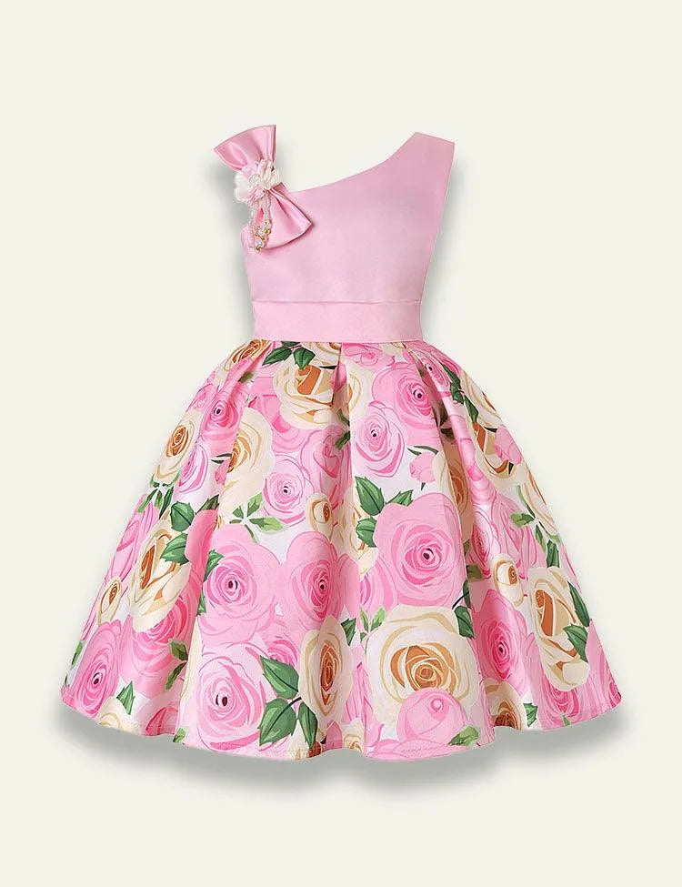 Diagonal Shoulder Rose Printed Party Dress - Mini Taylor