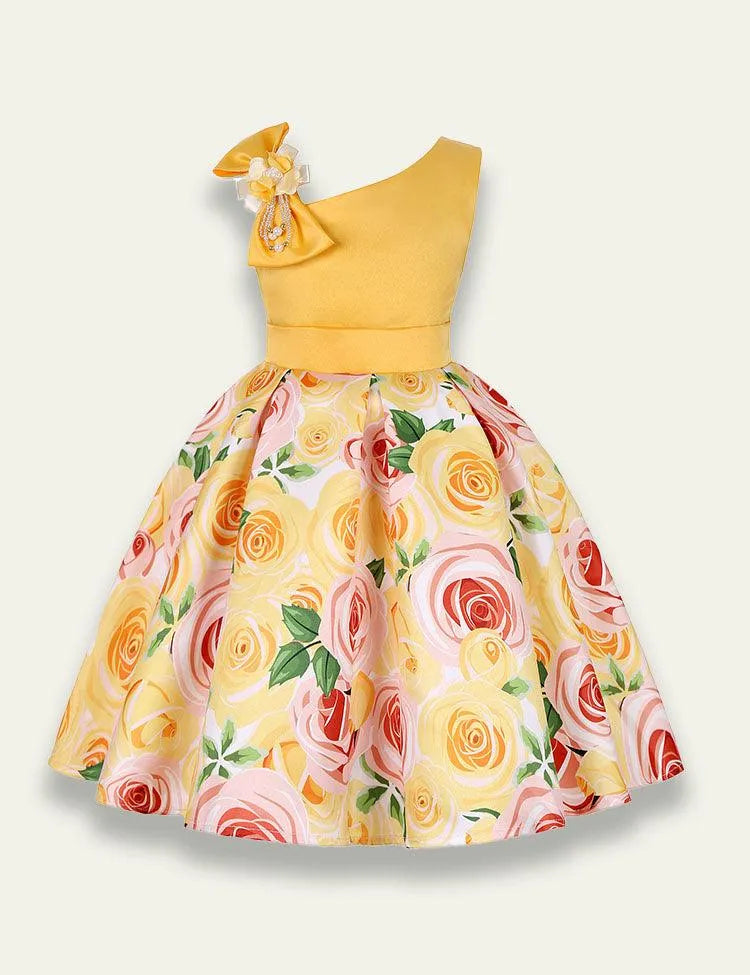 Diagonal Shoulder Rose Printed Party Dress - Mini Taylor