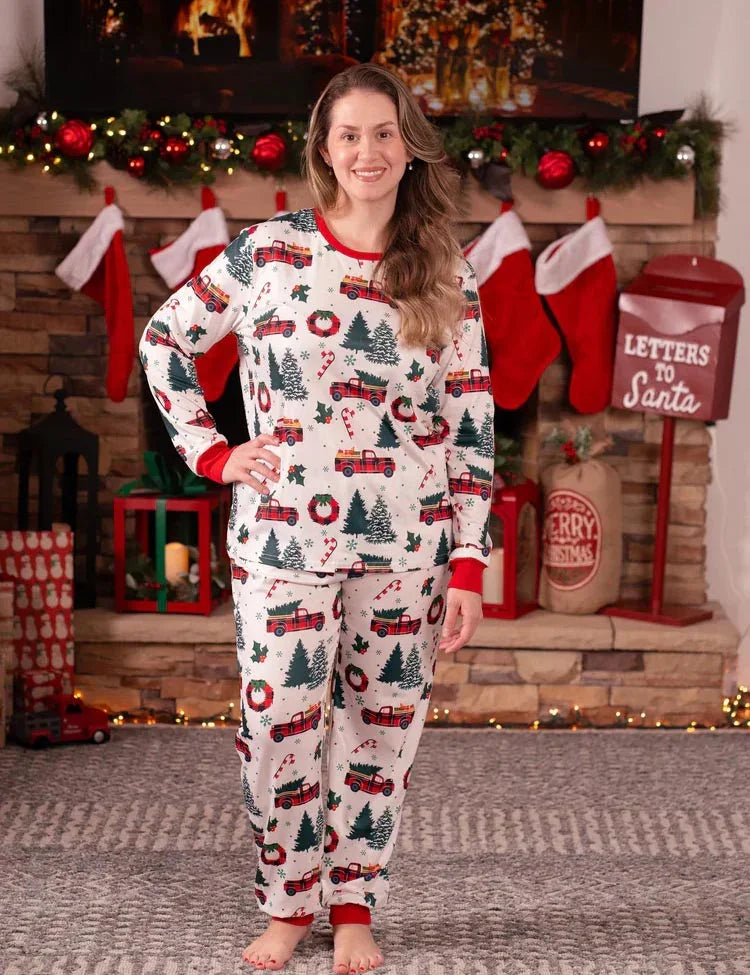 Christmas Family Matching Allover Xmas Tree & Car Print Long-sleeve Pajamas Sets