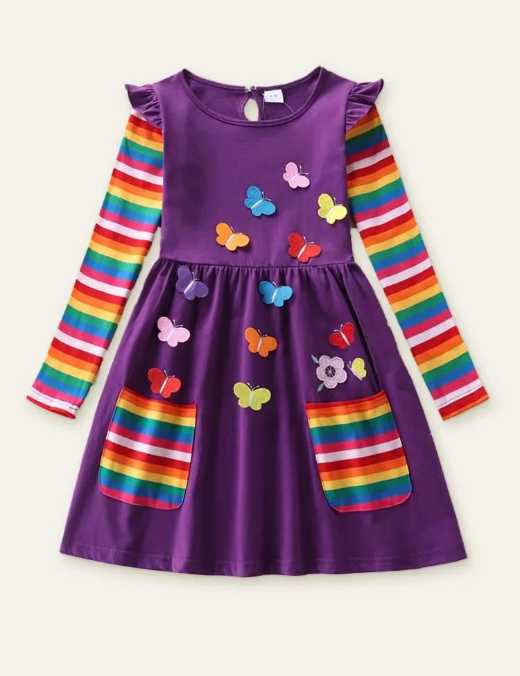 Flower Butterfly Appliqué Rainbow Long Sleeve Dress - Mini Taylor