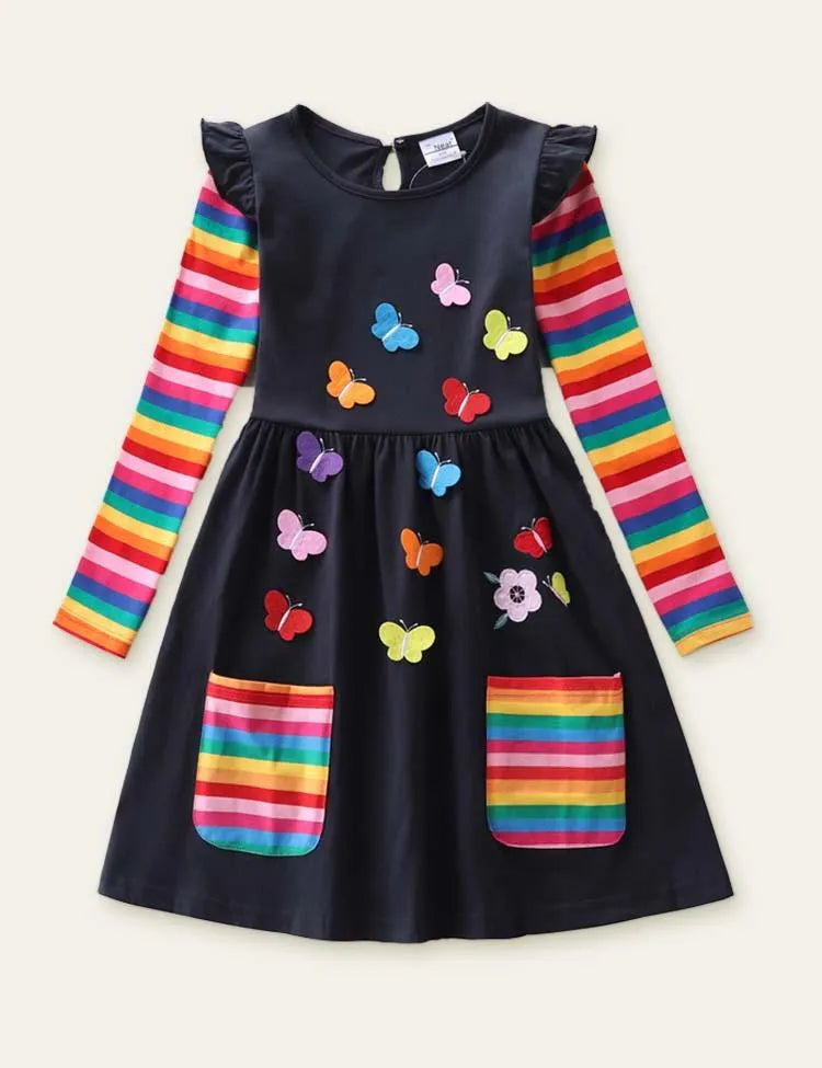 Flower Butterfly Appliqué Rainbow Long Sleeve Dress - Mini Taylor