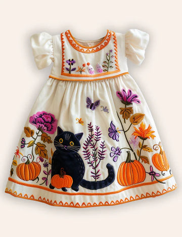 Clearance Sale - Halloween Pumpkin Cats Appliqué Dress