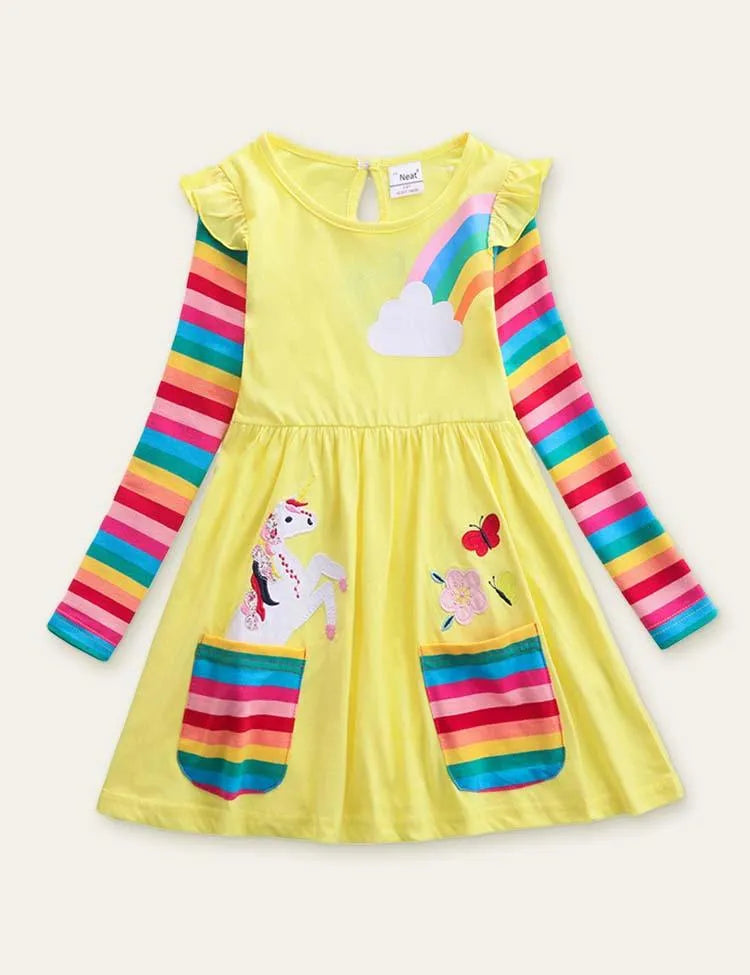 Unicorn Flowers Appliqué Rainbow Long Sleeve Dress - Mini Taylor