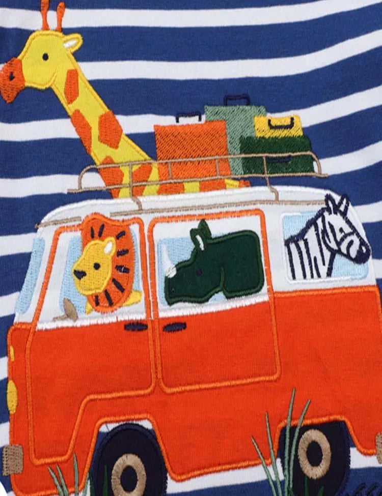 Cartoon Animal Bus Appliqué Stripe T-Shirt - Mini Taylor