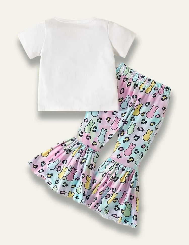 Easter Cartoon Cute Bunny Printed Short Sleeve T-Shirt+Flared Pants - Mini Taylor