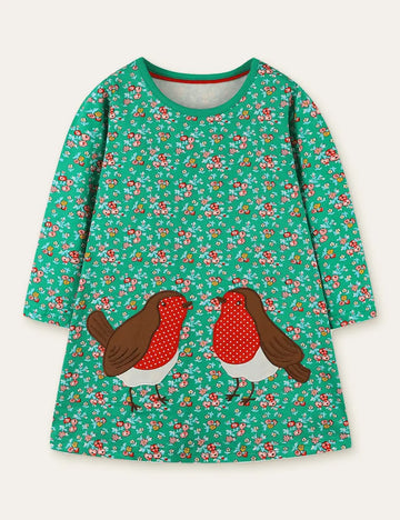 Floral Printed Bird Appliqué Dress - Mini Taylor