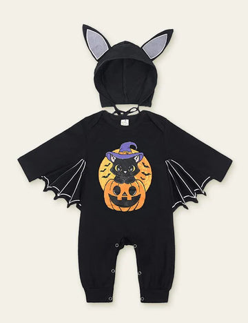 Halloween Pumpkin Bat Printed One-Piece Romper - Mini Berni