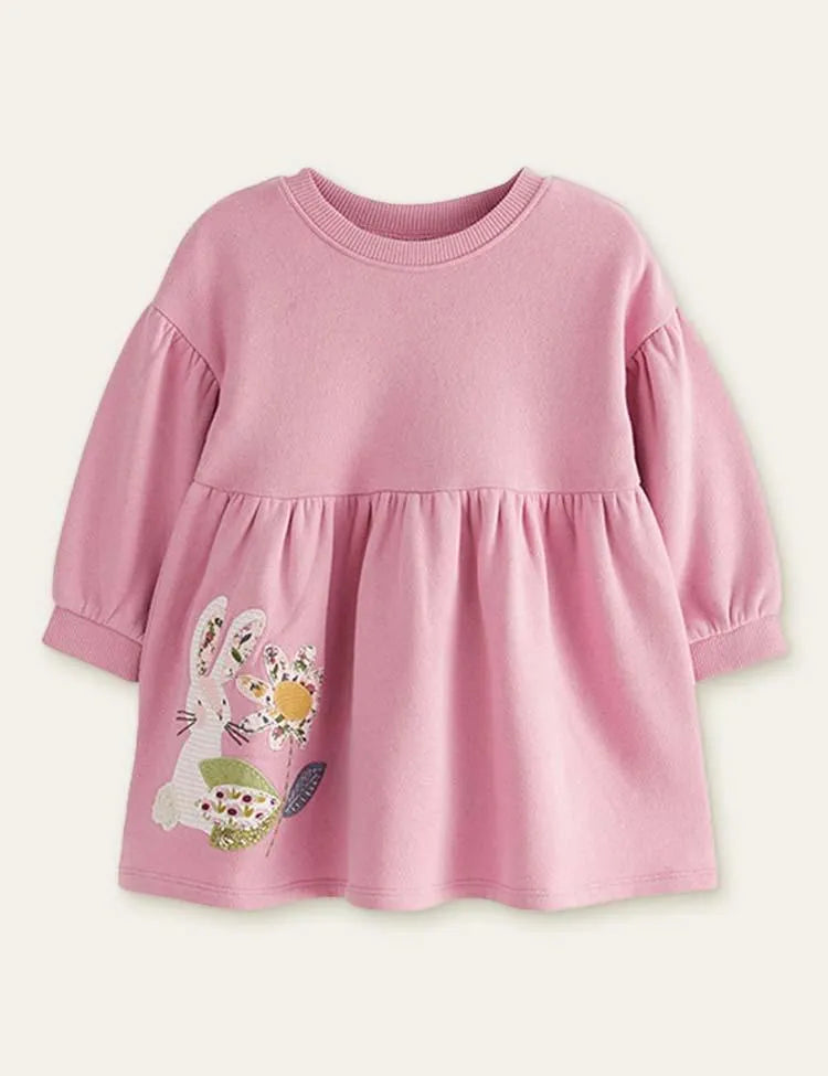 Rabbit Flower Appliqué Long Sleeve Dress - Mini Taylor