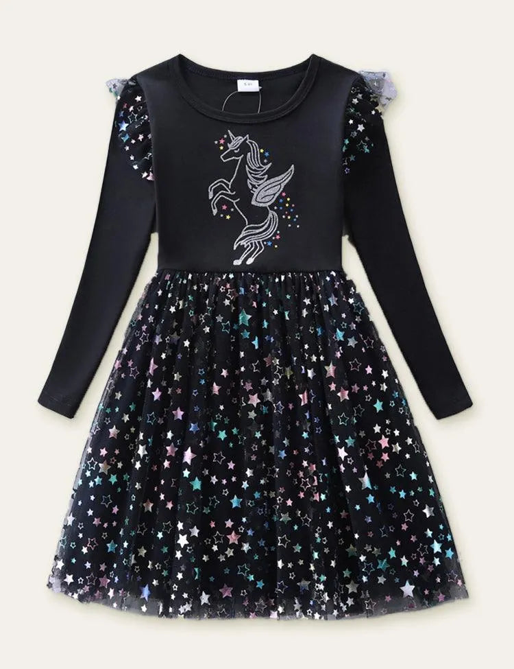 Unicorn and Star Mesh Long Sleeve Party Dress - Mini Taylor