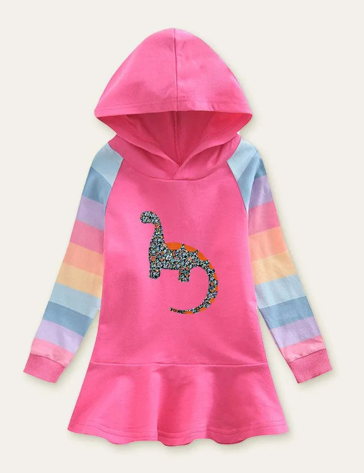 Unicorn Rainbow Striped Printed Hooded Dress - Mini Taylor