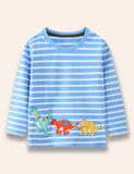 Cartoon Dinosaur Appliqué Long Sleeve Striped T-Shirt