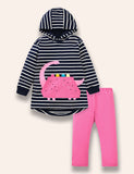 Cute Dinosaur Appliqué Hooded Striped Sweatshirt Set