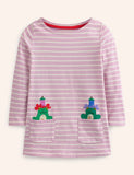 Cartoon Frog Appliqué Striped Dress