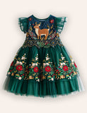 Festival Floral Reindeer Embroidered Tulle Dress
