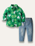 St. Patrick's Day Clover Printed Long Sleeve Shirt+Jeans